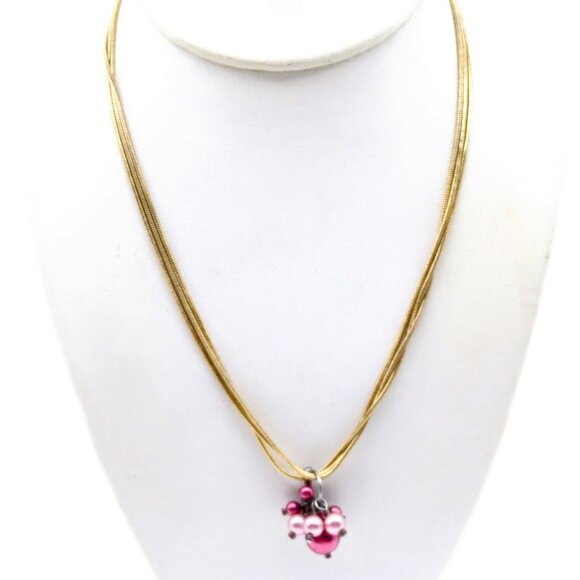 Shades of Pink Charms Necklace, Vintage Gold Tone Snake Chain with Faux Pearl Pe - Picture 3 of 4